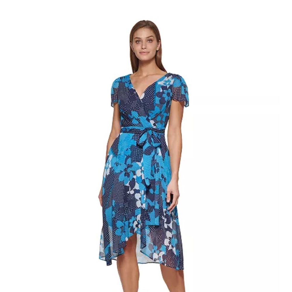 DKNY Blue Floral Print Flutter Sleeve Faux Wrap Dreas